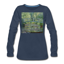 Load image into Gallery viewer, Water Lilies and Japanese Bridge, Women&#39;s Premium Slim Fit Long Sleeve T-Shirt - navy
